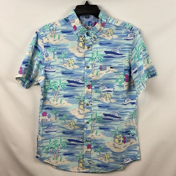 Vineyard Vines Island Scene Short Sleeve Woven Button-Down Summer Shirt Size S - Picture 4 of 12